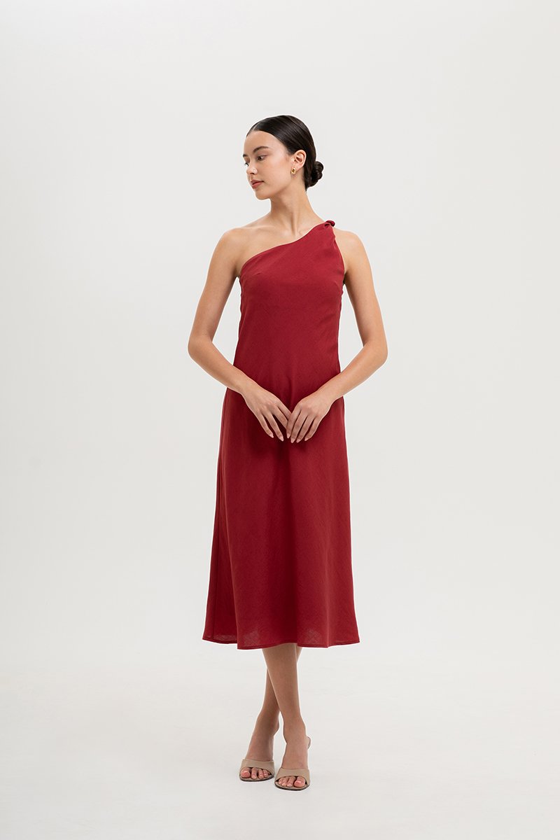 MELISSA ONE SHOULDER BIAS LINEN DRESS