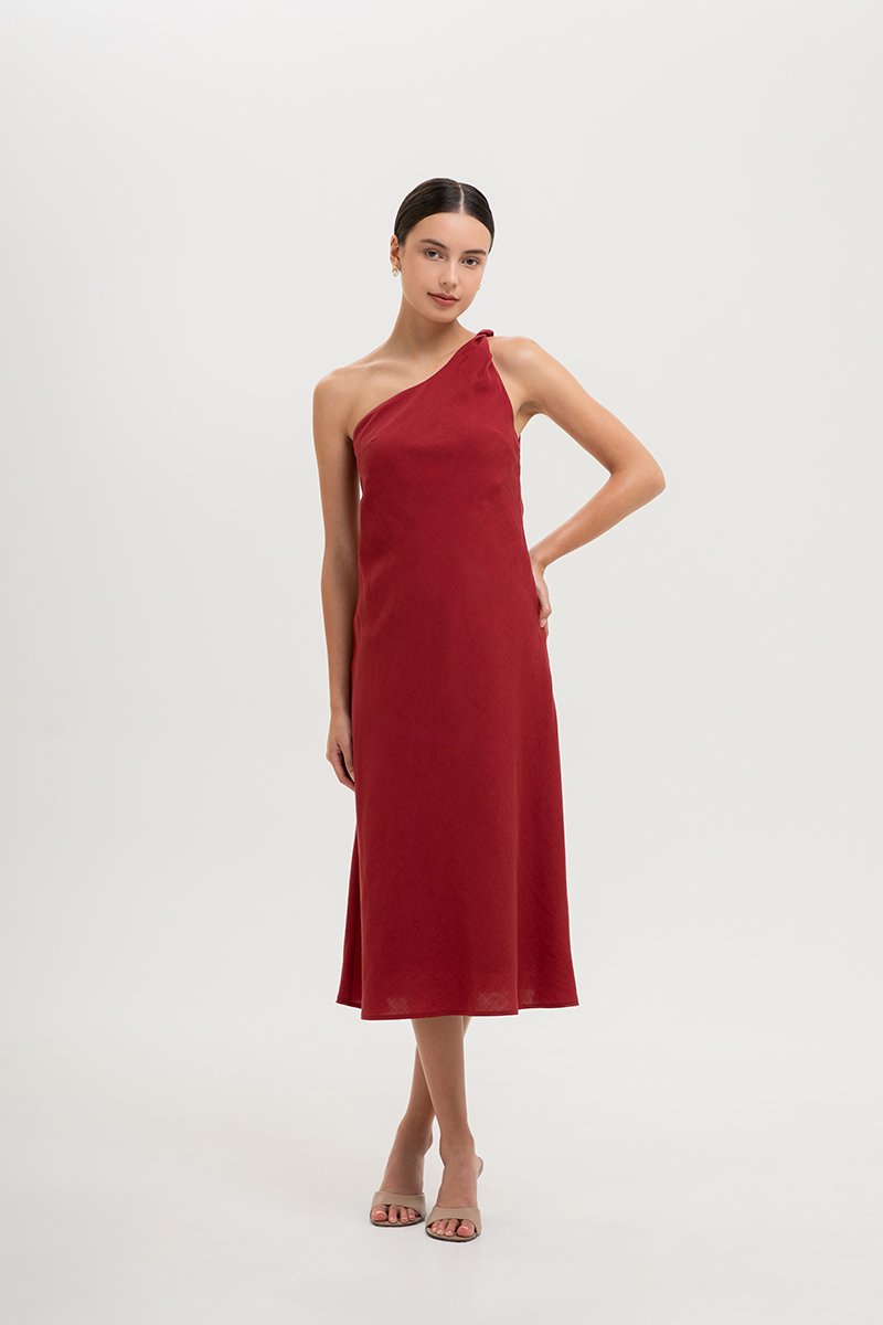 MELISSA ONE SHOULDER BIAS LINEN DRESS