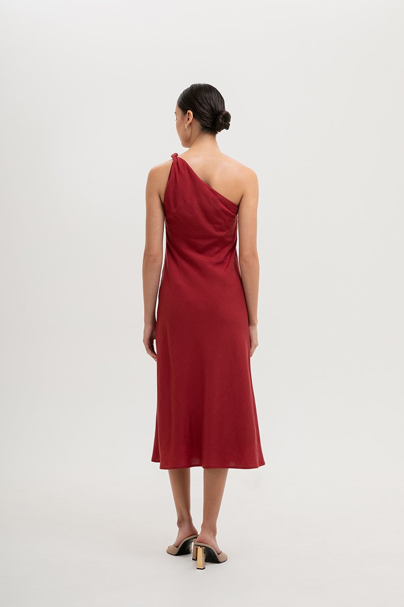 MELISSA ONE SHOULDER BIAS LINEN DRESS
