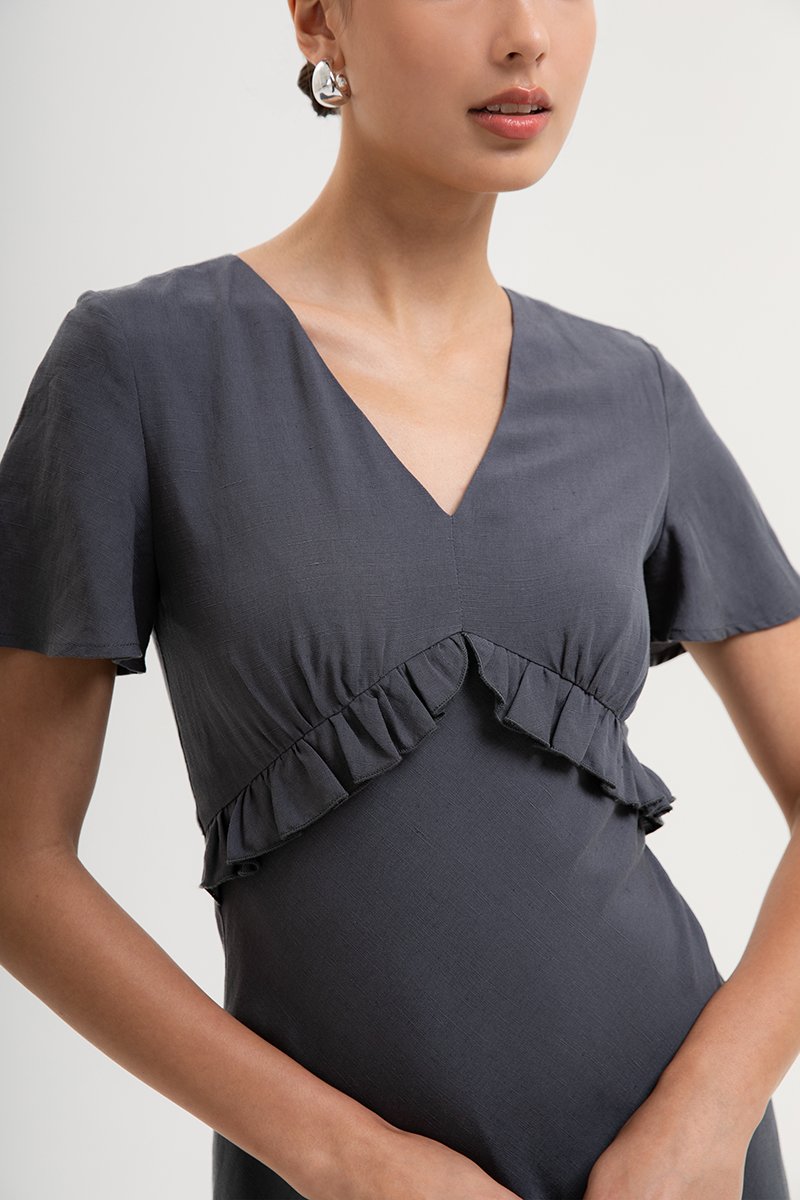 JENNY RUFFLE LINEN MIDI DRESS