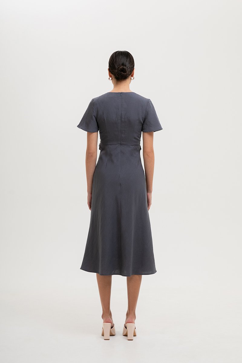 JENNY RUFFLE LINEN MIDI DRESS