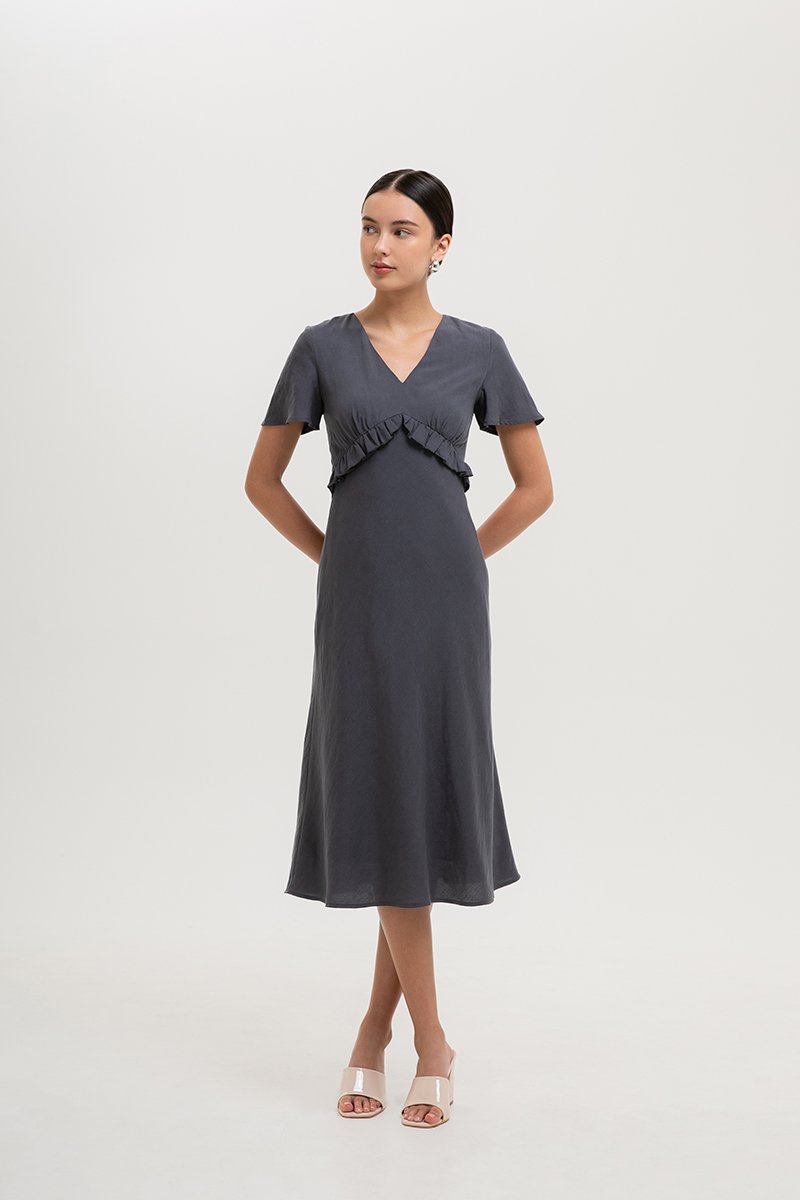 JENNY RUFFLE LINEN MIDI DRESS