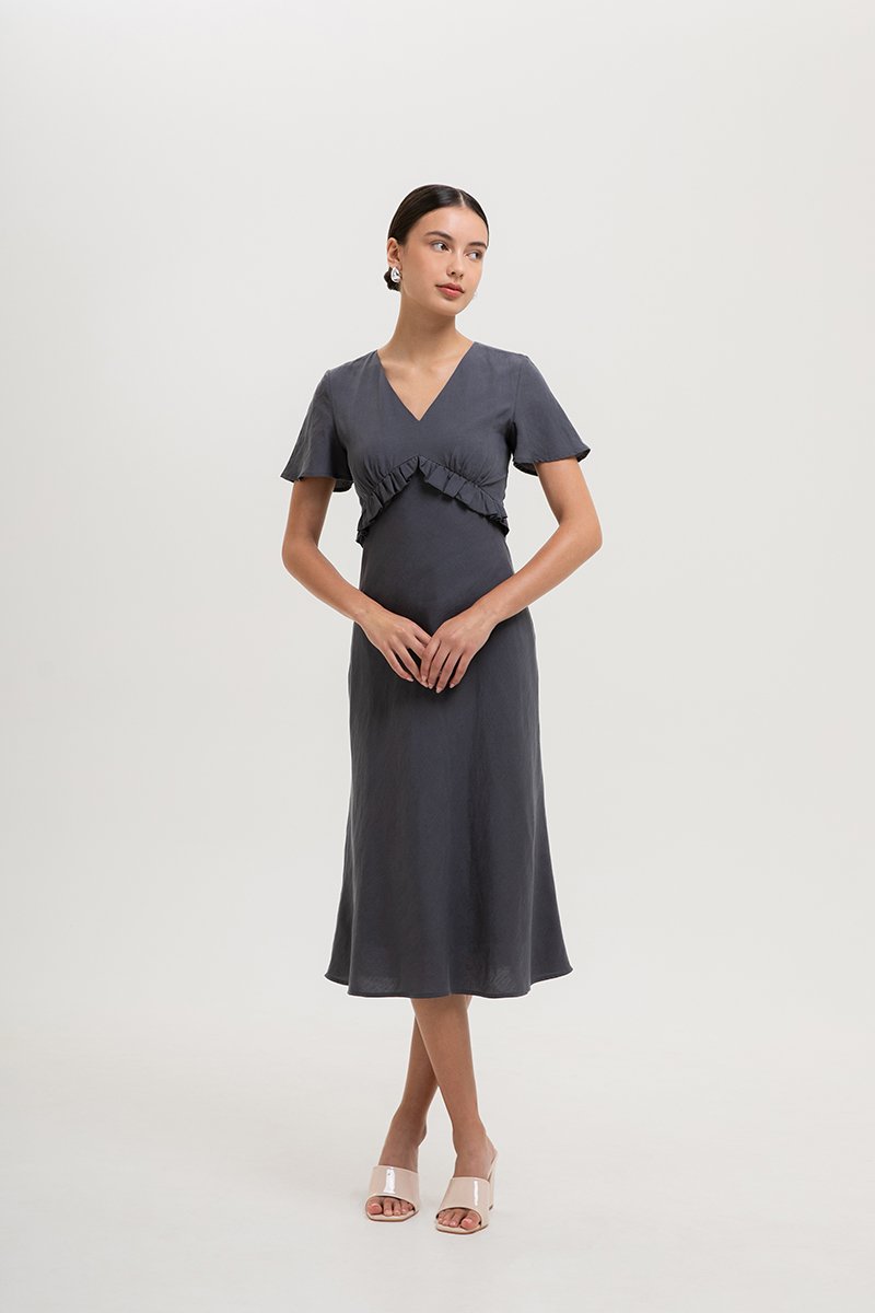 JENNY RUFFLE LINEN MIDI DRESS