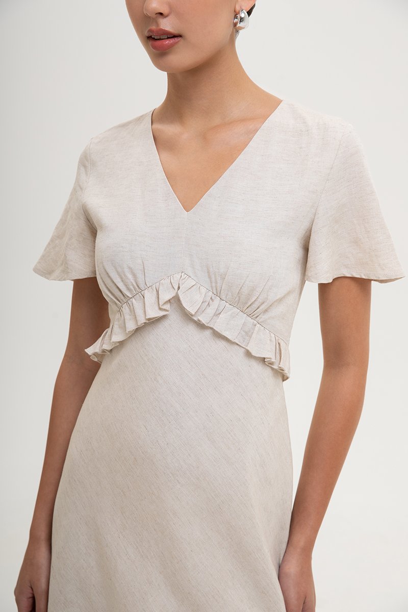 JENNY RUFFLE LINEN MIDI DRESS