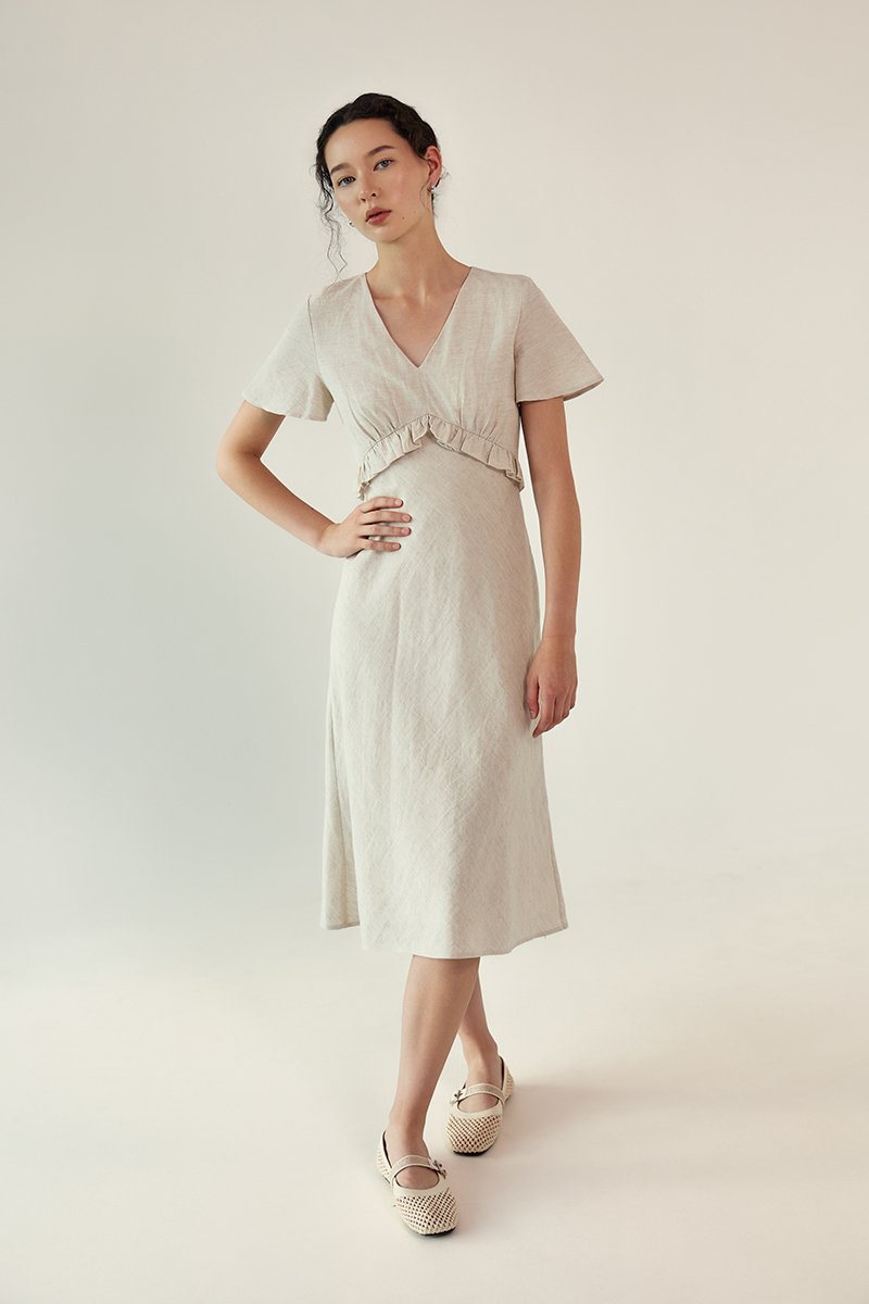 JENNY RUFFLE LINEN MIDI DRESS
