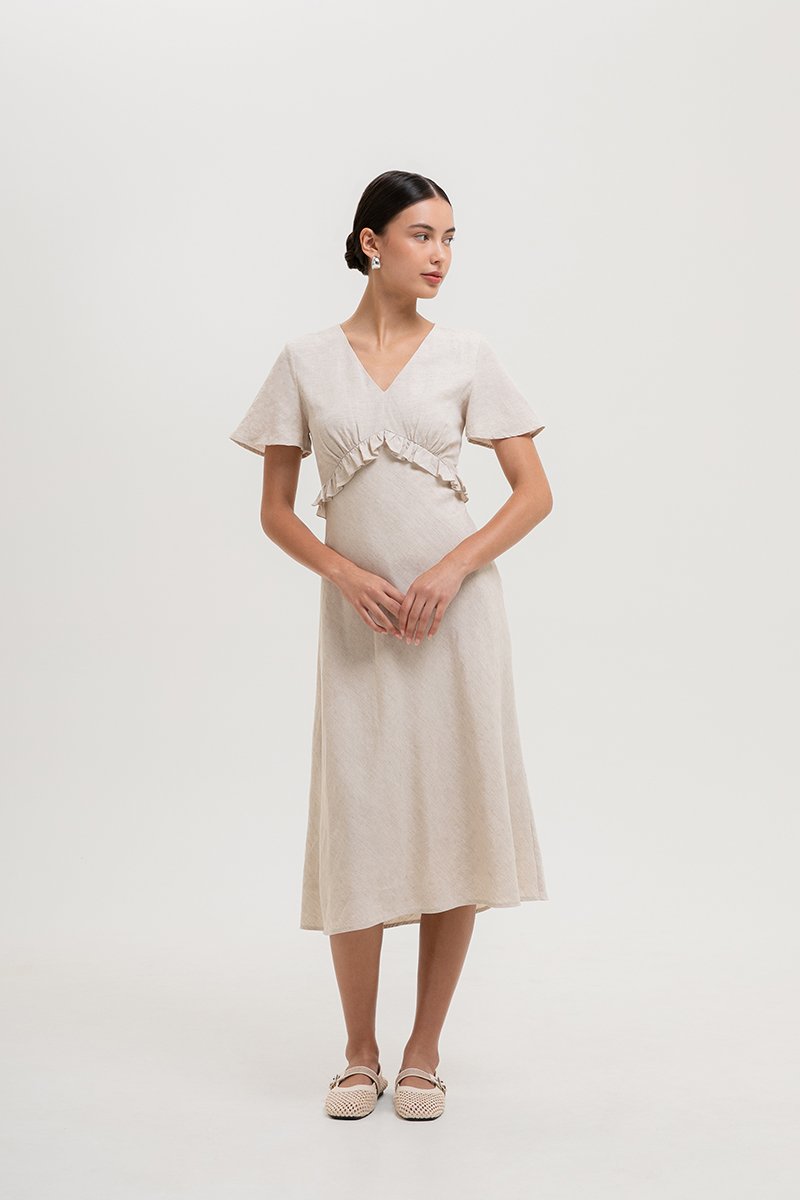 JENNY RUFFLE LINEN MIDI DRESS