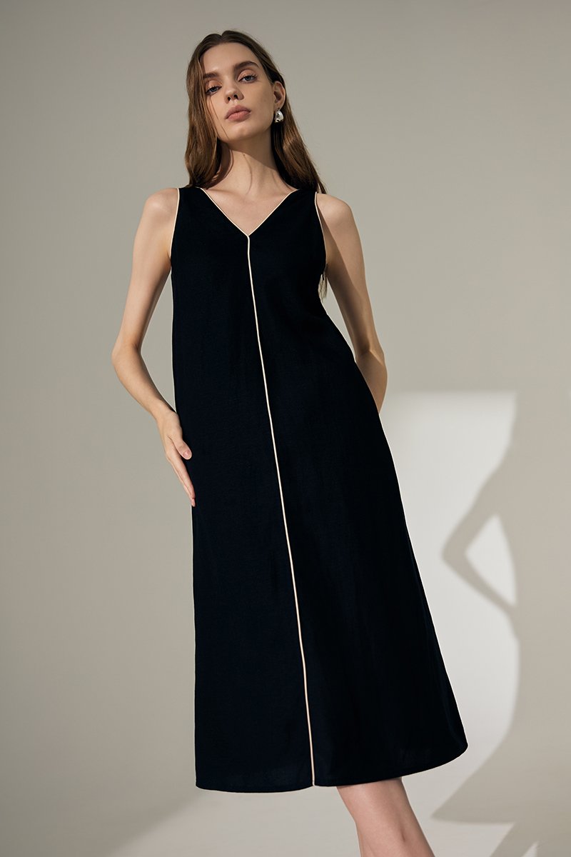 LORENE CONTRAST LINEN SHIFT DRESS