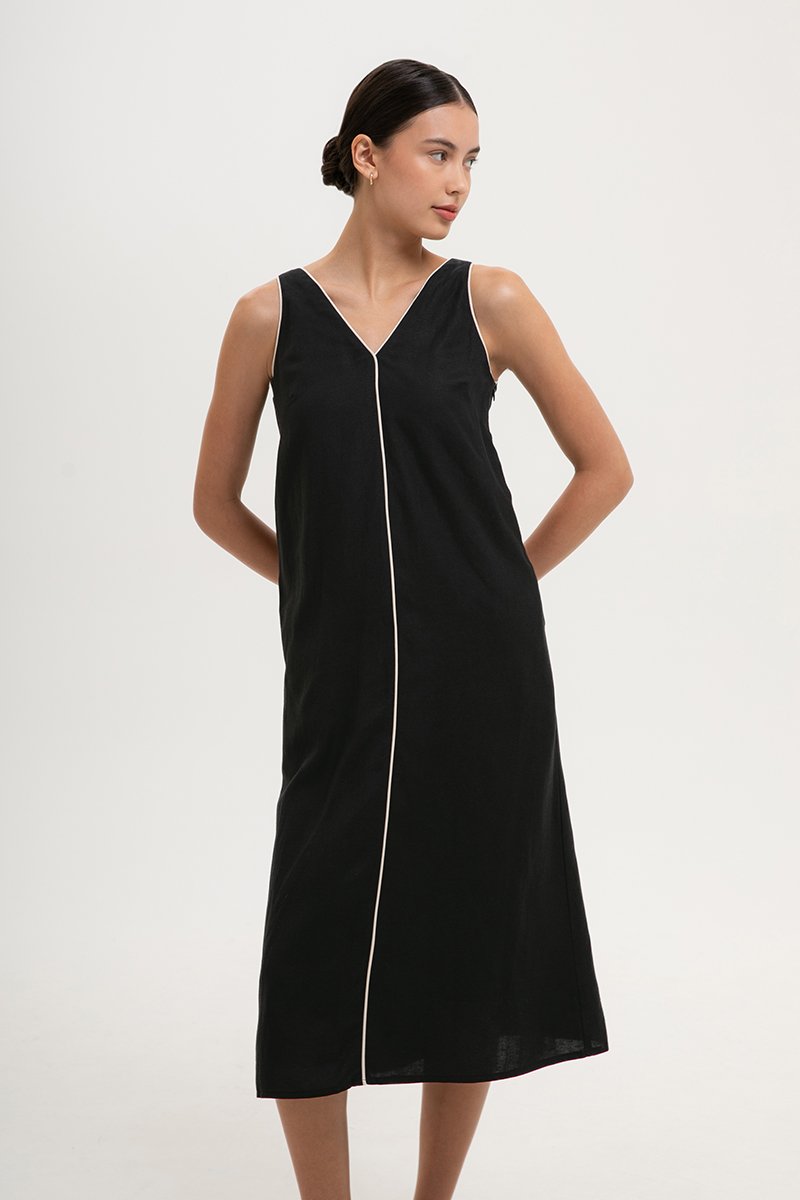 LORENE CONTRAST LINEN SHIFT DRESS