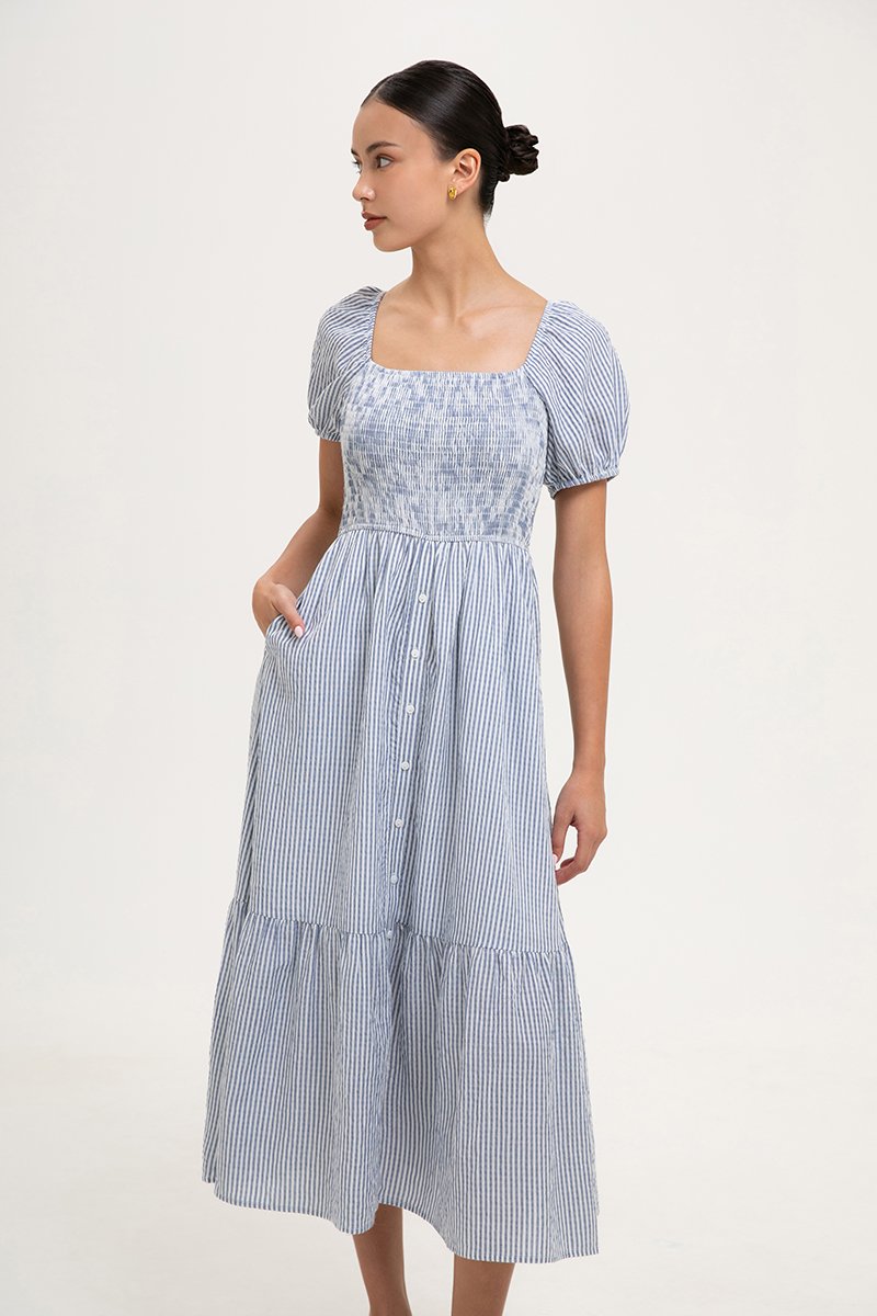 DIARA STRIPED PUFF SLEEVED SMOCKED MIDI DRESS