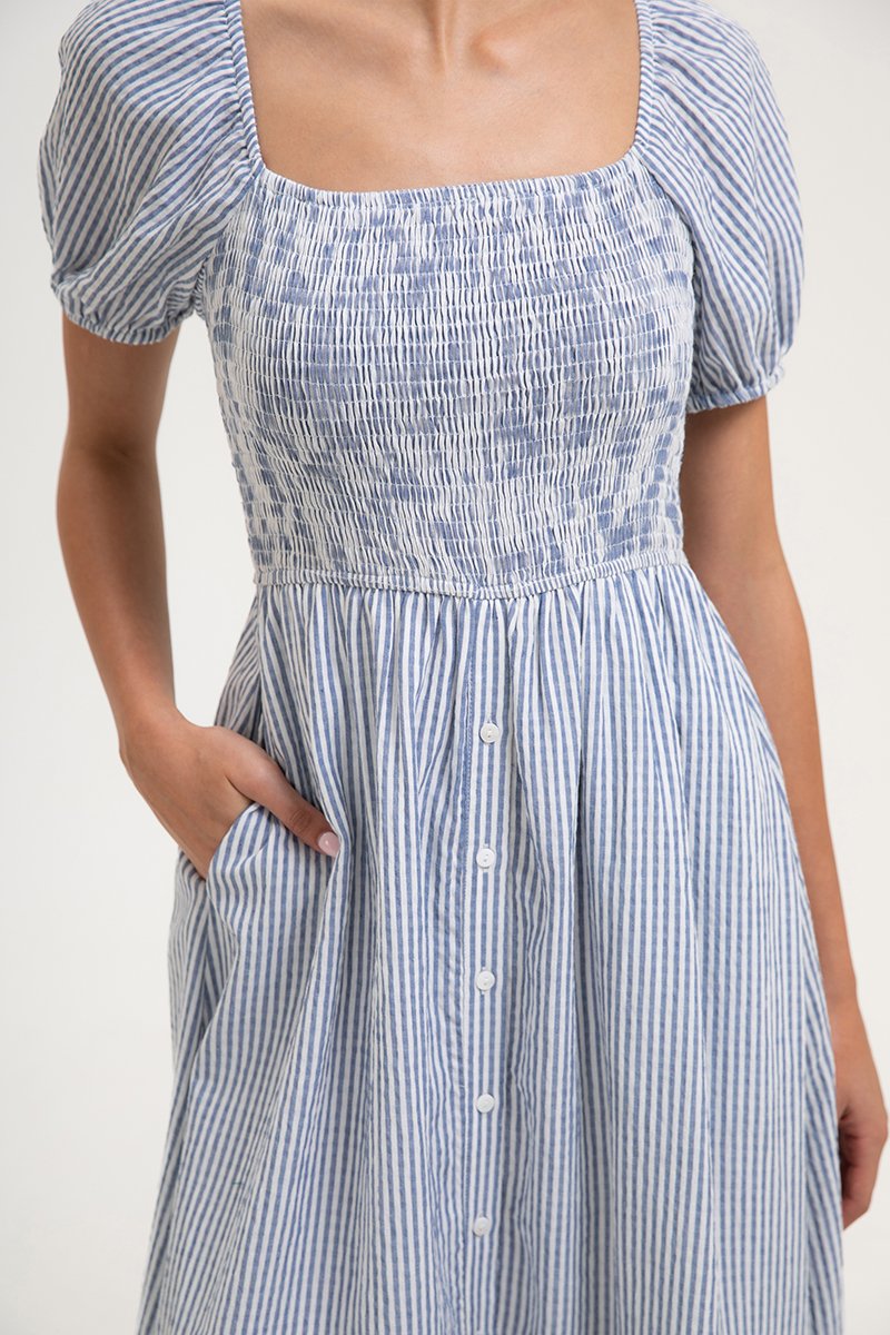 DIARA STRIPED PUFF SLEEVED SMOCKED MIDI DRESS