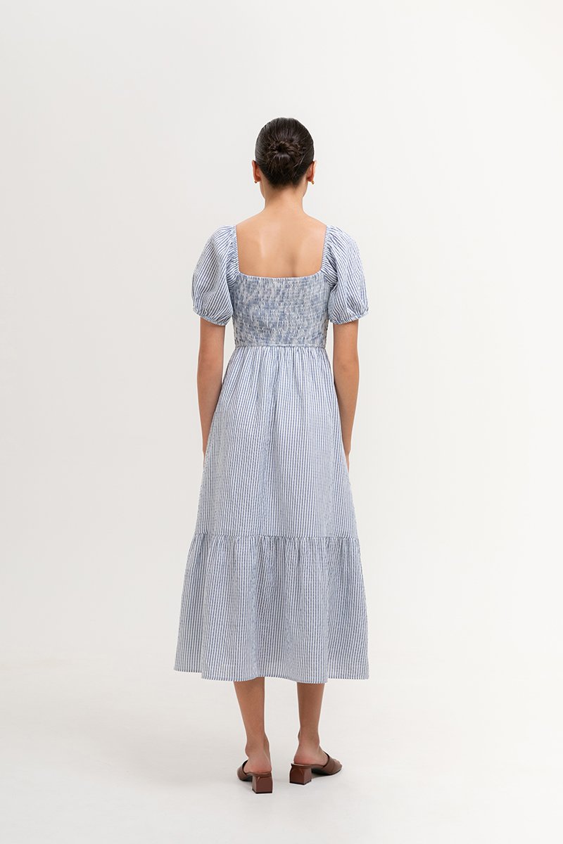 DIARA STRIPED PUFF SLEEVED SMOCKED MIDI DRESS