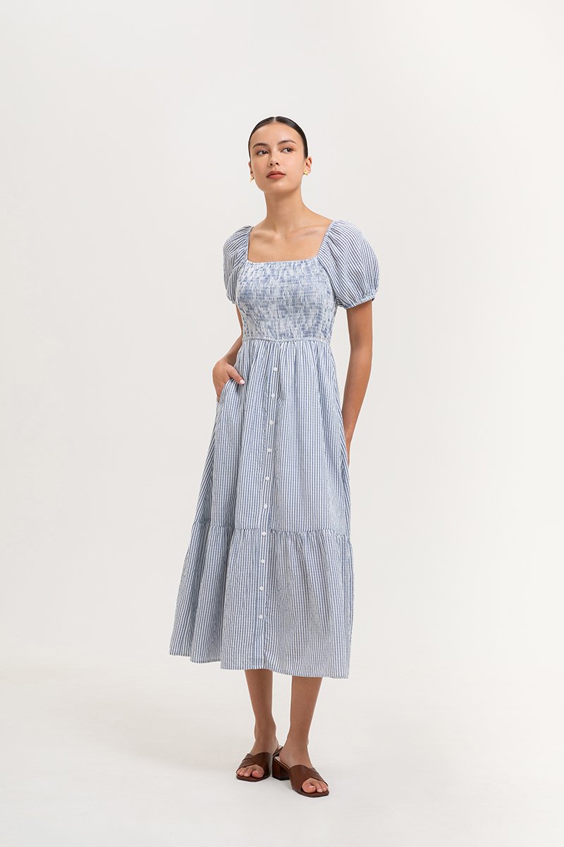 DIARA STRIPED PUFF SLEEVED SMOCKED MIDI DRESS