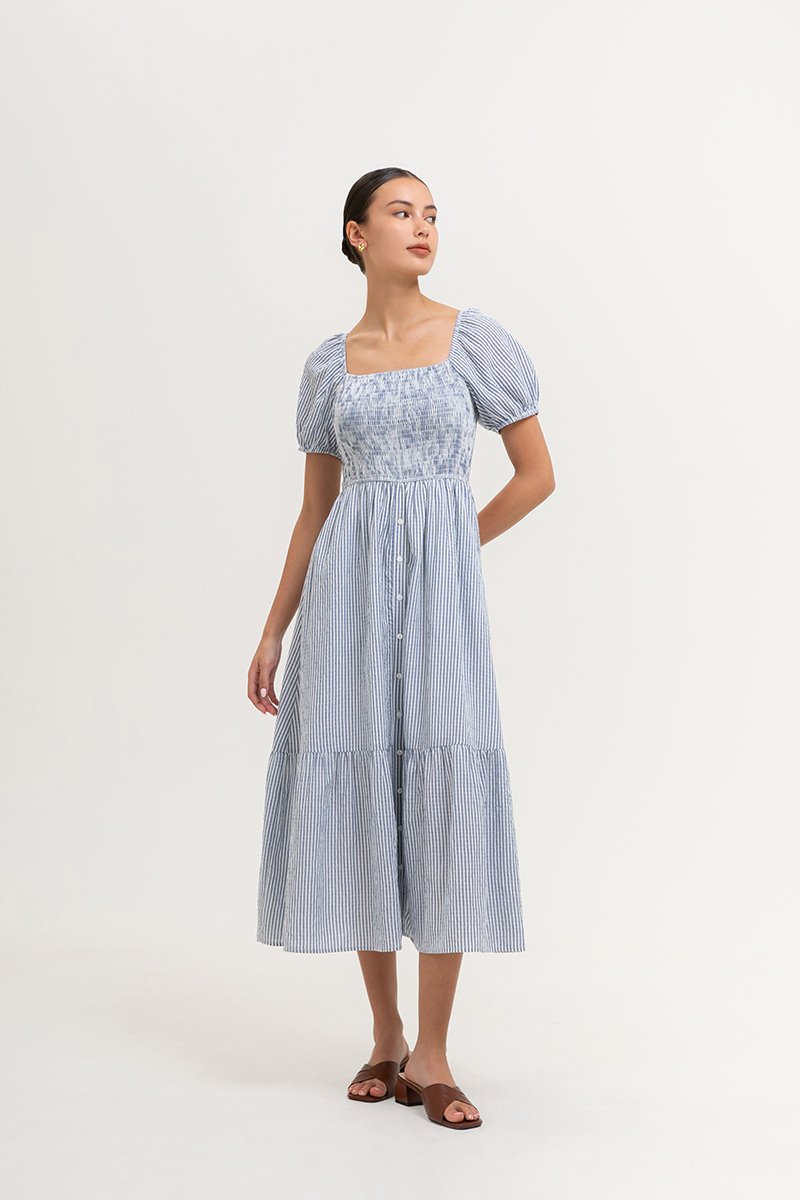 DIARA STRIPED PUFF SLEEVED SMOCKED MIDI DRESS