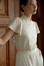 MYOKO FLORAL SATIN FLUTTER SLEEVE CHEONGSAM TOP