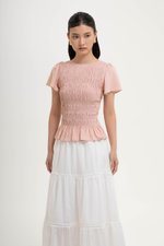 CHARLEE FLUTTER SLEEVES SMOCKED LINEN TOP