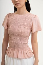 CHARLEE FLUTTER SLEEVES SMOCKED LINEN TOP