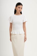 CHARLEE FLUTTER SLEEVES SMOCKED LINEN TOP