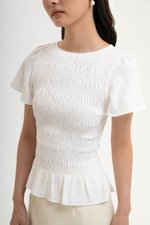 CHARLEE FLUTTER SLEEVES SMOCKED LINEN TOP