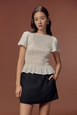 CHARLEE FLUTTER SLEEVES SMOCKED LINEN TOP