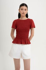 CHARLEE FLUTTER SLEEVES SMOCKED LINEN TOP