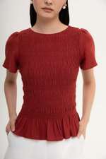 CHARLEE FLUTTER SLEEVES SMOCKED LINEN TOP