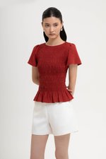 CHARLEE FLUTTER SLEEVES SMOCKED LINEN TOP