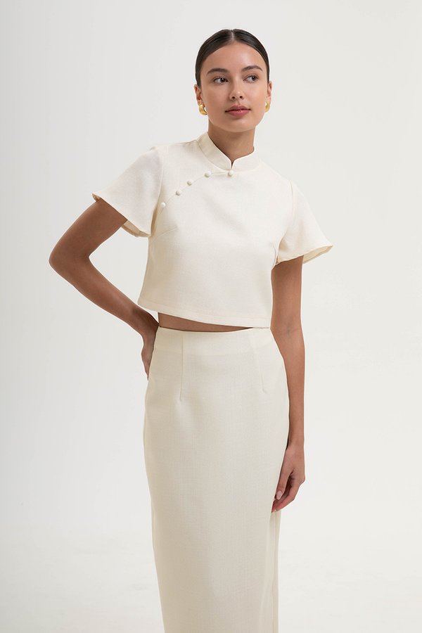 AMAYA TWEED FLUTTER SLEEVE CHEONGSAM TOP