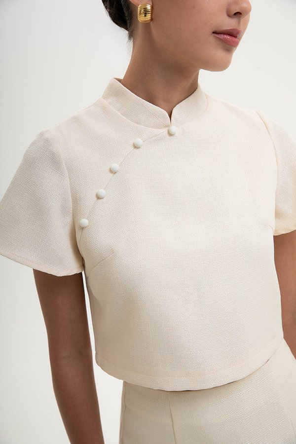 AMAYA TWEED FLUTTER SLEEVE CHEONGSAM TOP