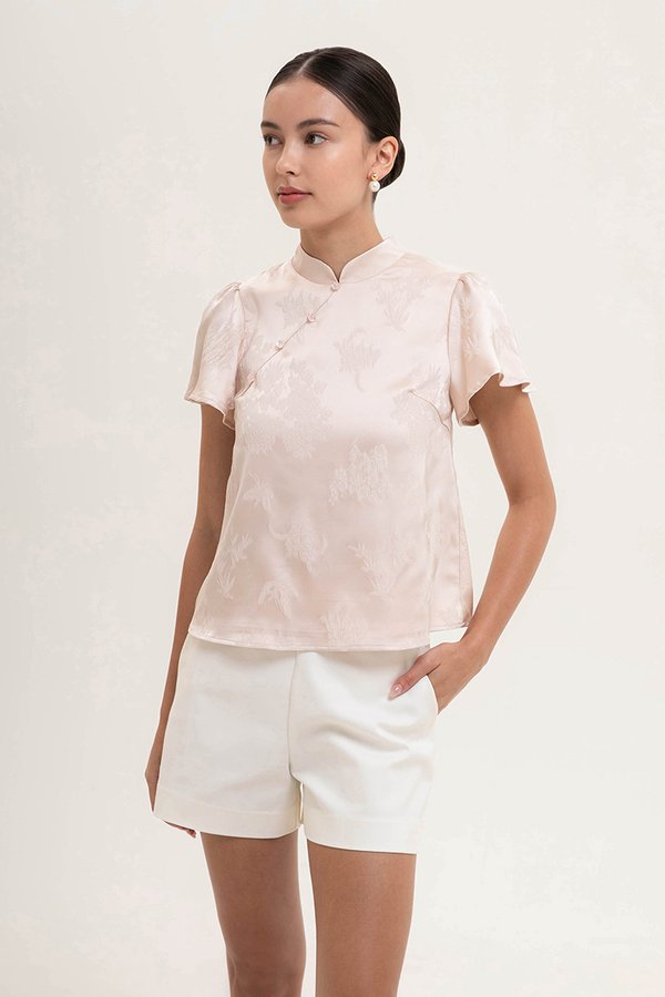 MYOKO FLORAL SATIN FLUTTER SLEEVE CHEONGSAM TOP