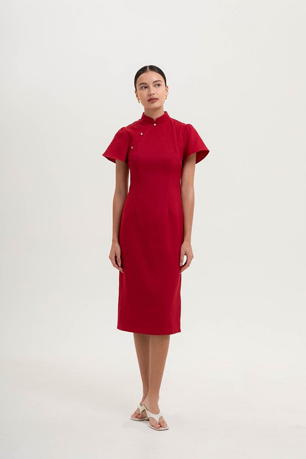 AKIRA TWEED FLUTTER SLEEVE CHEONGSAM MIDI DRESS