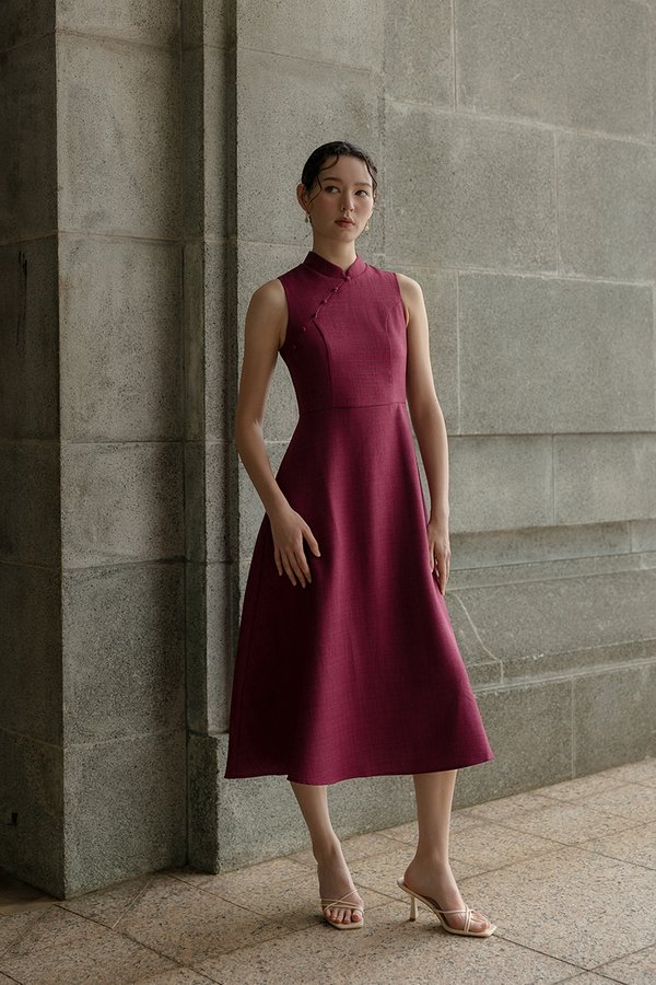 SADIE TEXTURED FIT AND FLARE CHEONGSAM DRESS