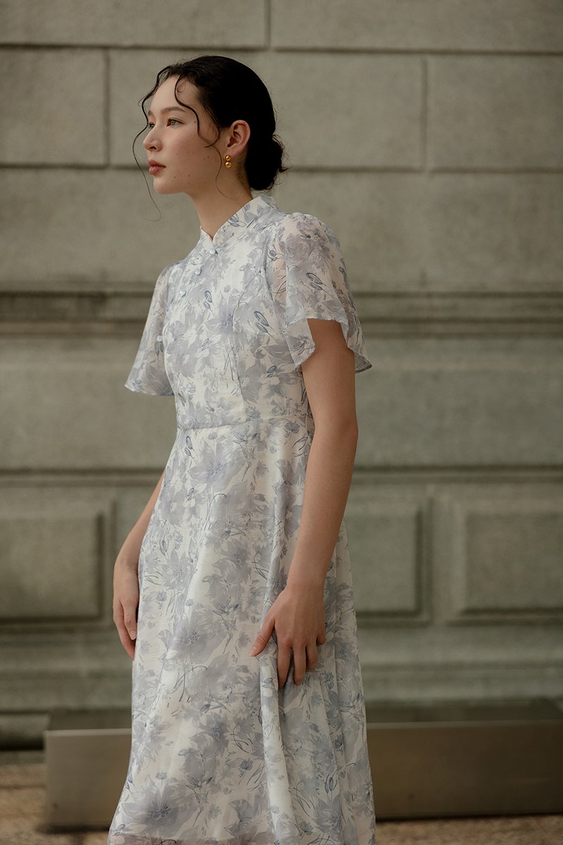 THALIA FLORAL FLUTTER SLEEVE CHEONGSAM
