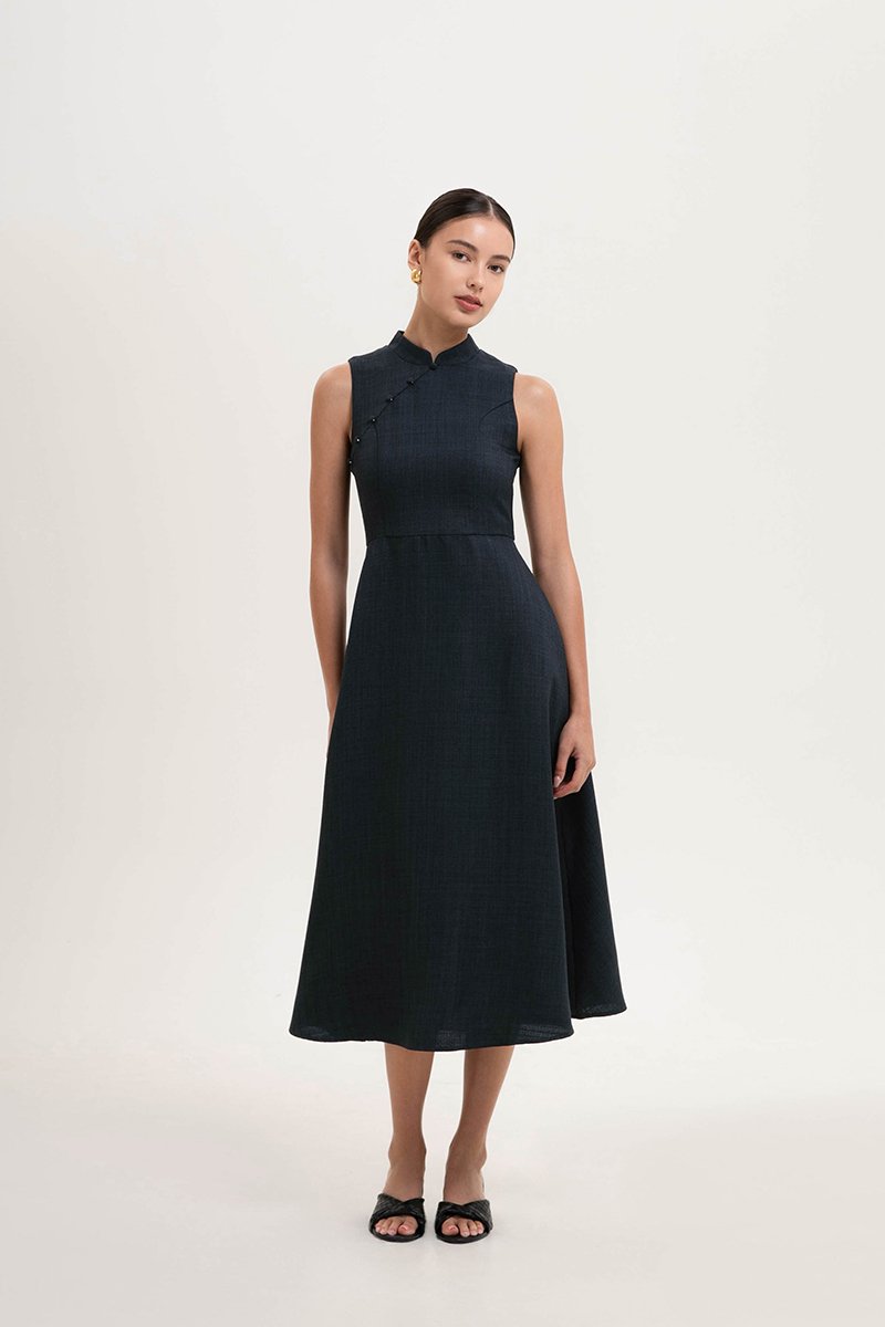 SADIE TEXTURED FIT AND FLARE CHEONGSAM DRESS