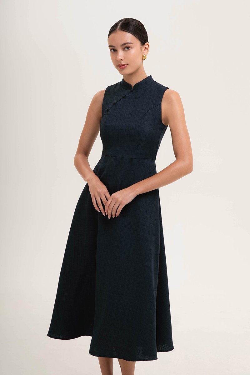 SADIE TEXTURED FIT AND FLARE CHEONGSAM DRESS