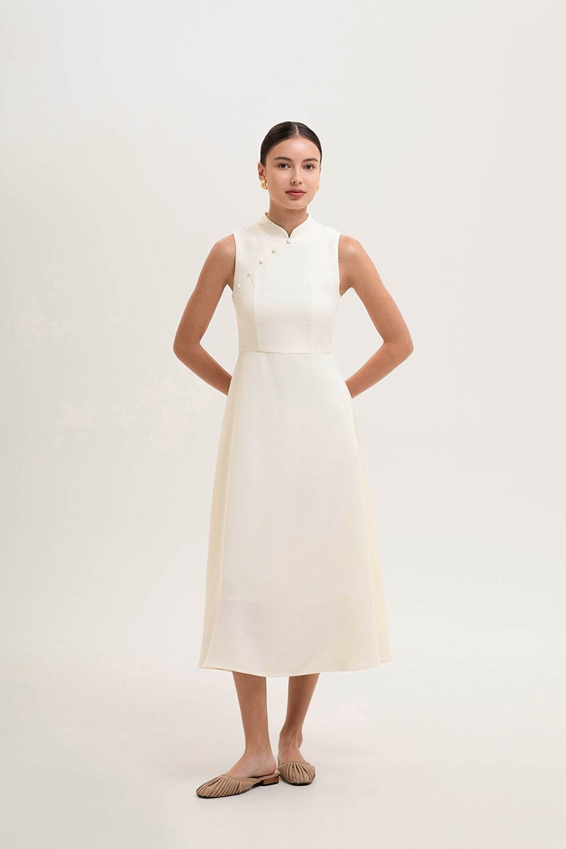 SADIE TEXTURED FIT AND FLARE CHEONGSAM DRESS