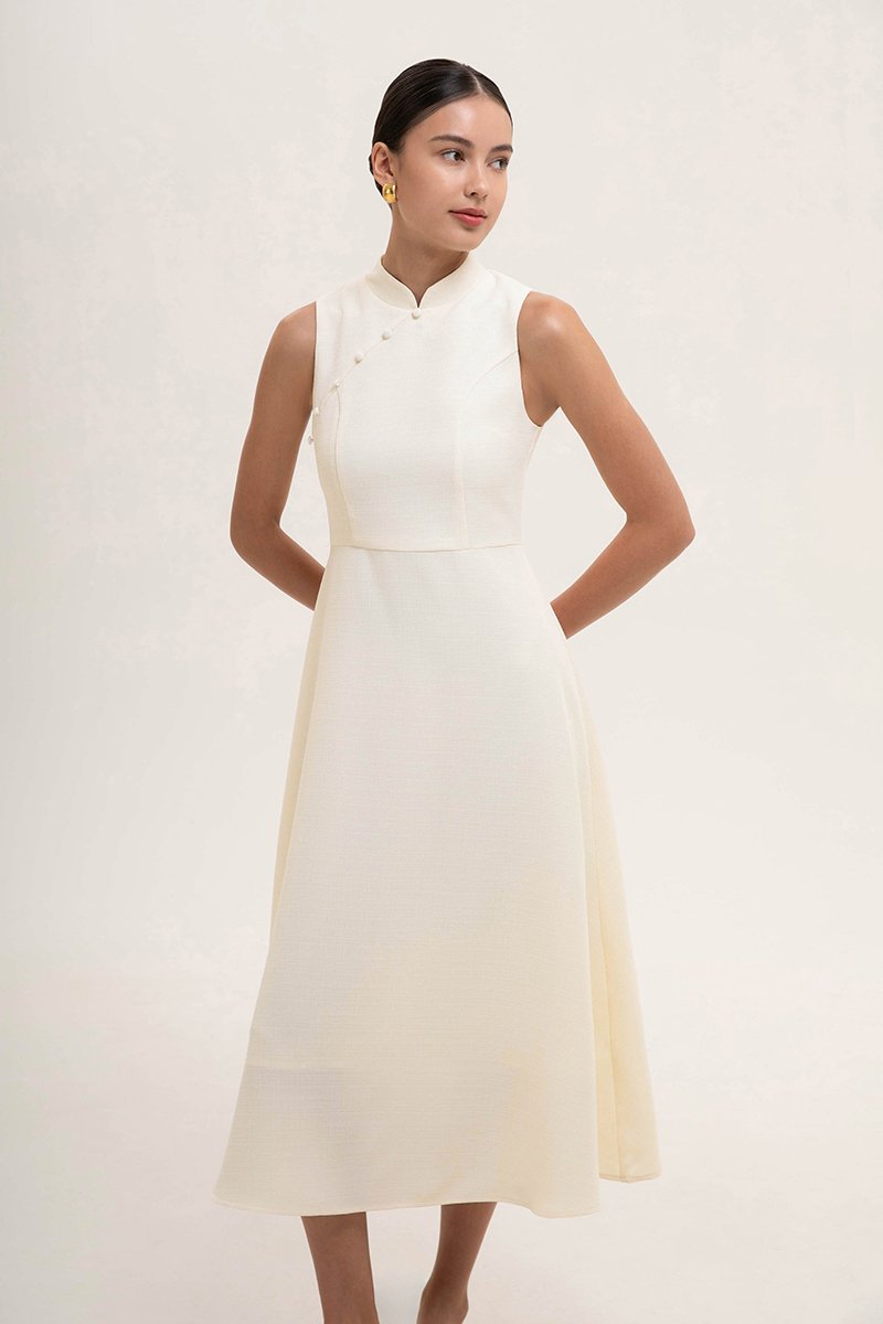 SADIE TEXTURED FIT AND FLARE CHEONGSAM DRESS