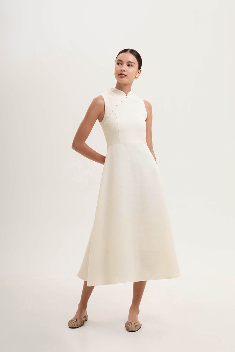 SADIE TEXTURED FIT AND FLARE CHEONGSAM DRESS