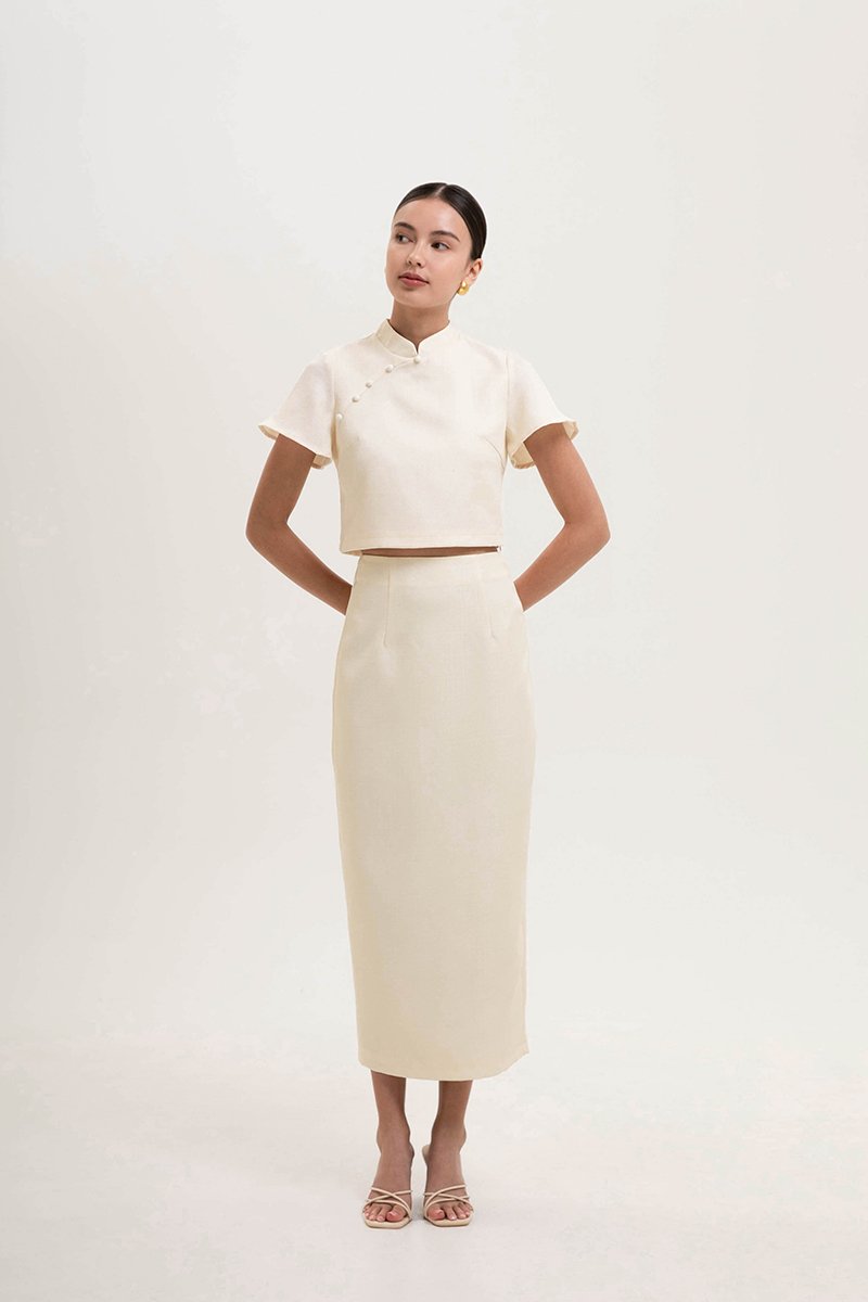 AMAYA TWEED FLUTTER SLEEVE CHEONGSAM TOP