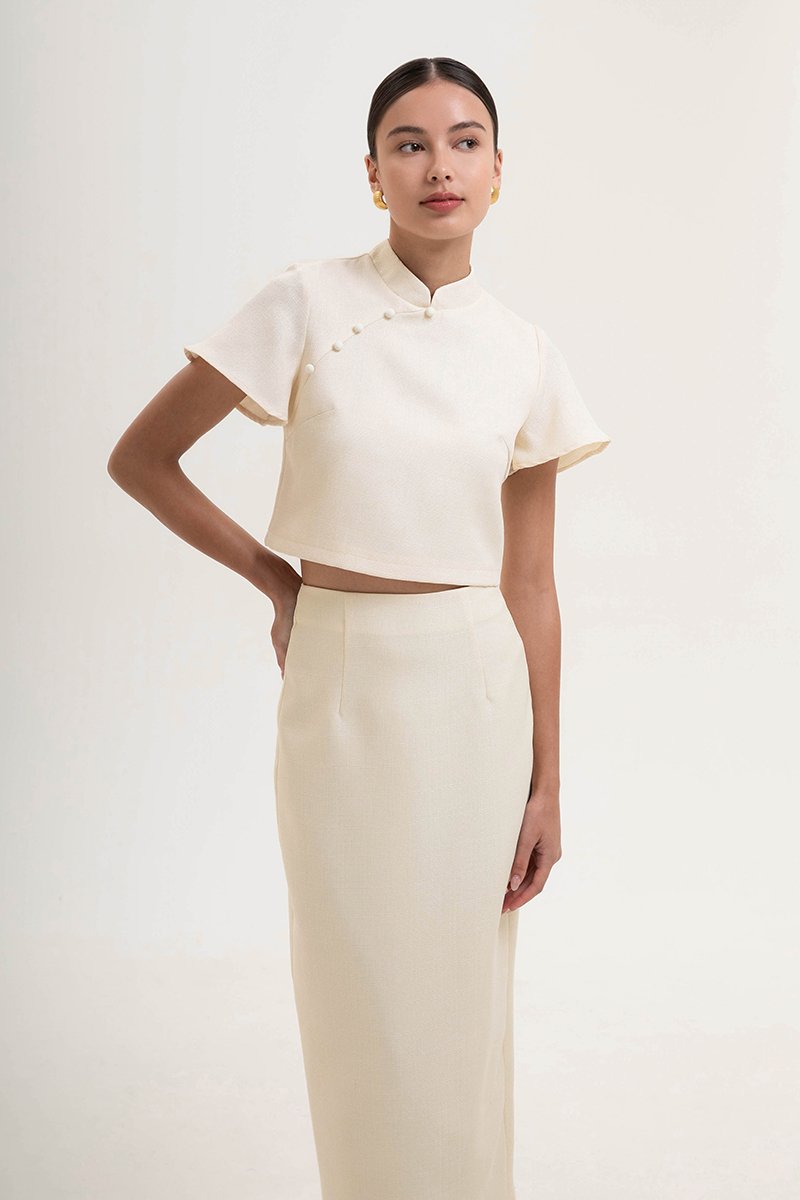 AMAYA TWEED FLUTTER SLEEVE CHEONGSAM TOP