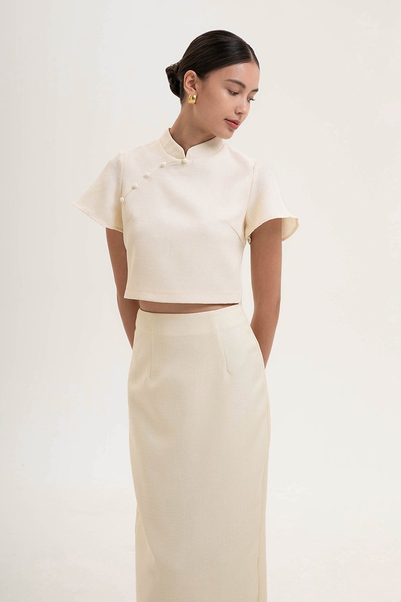 AMAYA TWEED FLUTTER SLEEVE CHEONGSAM TOP