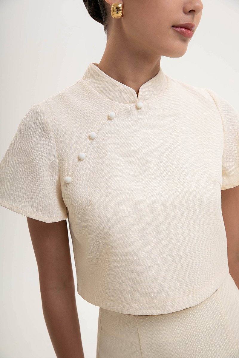 AMAYA TWEED FLUTTER SLEEVE CHEONGSAM TOP