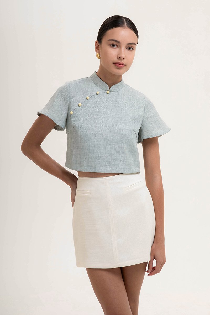 AMAYA TWEED FLUTTER SLEEVE CHEONGSAM TOP