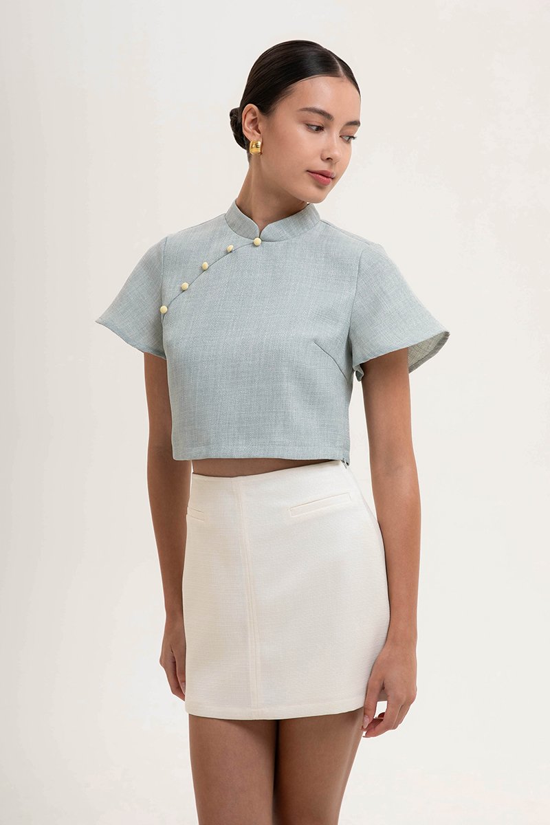 AMAYA TWEED FLUTTER SLEEVE CHEONGSAM TOP