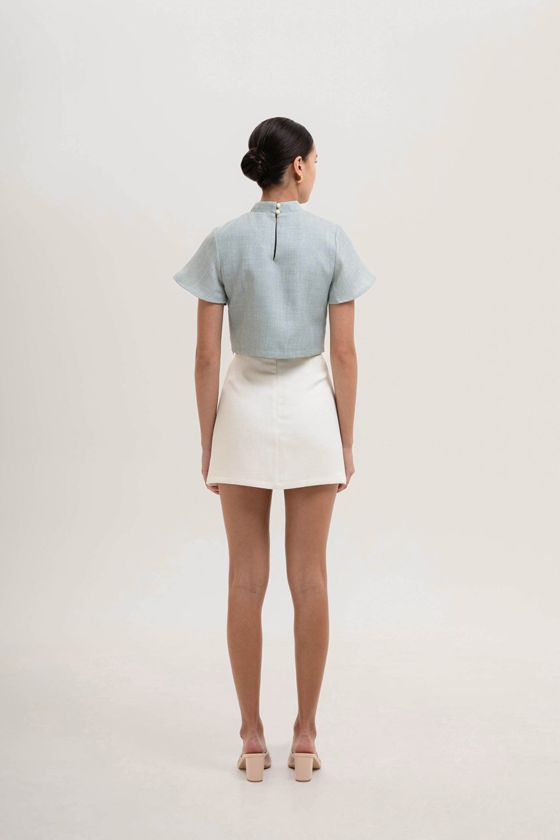 AMAYA TWEED FLUTTER SLEEVE CHEONGSAM TOP