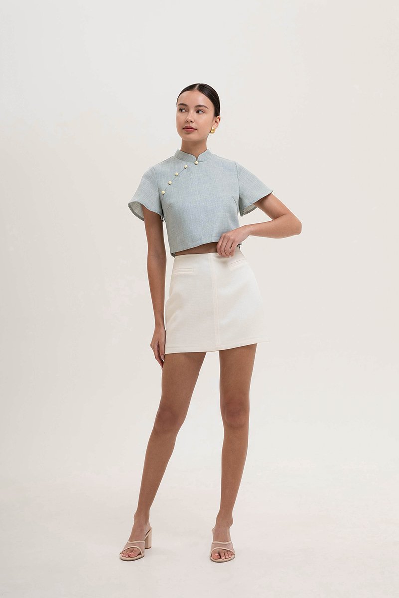 AMAYA TWEED FLUTTER SLEEVE CHEONGSAM TOP