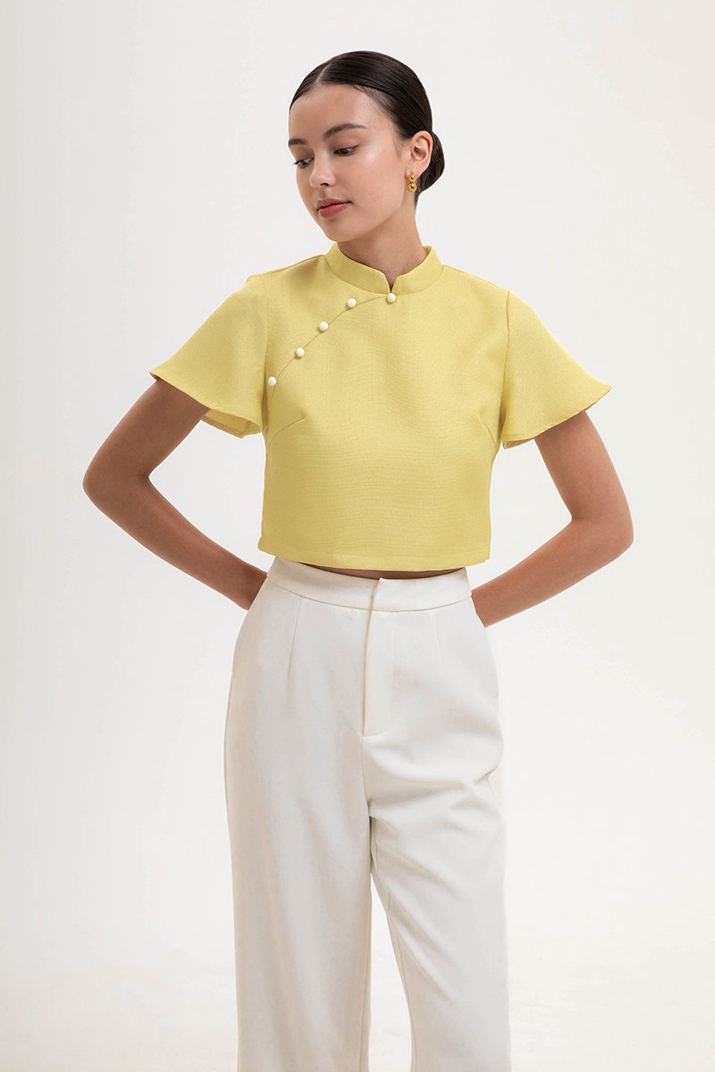 AMAYA TWEED FLUTTER SLEEVE CHEONGSAM TOP