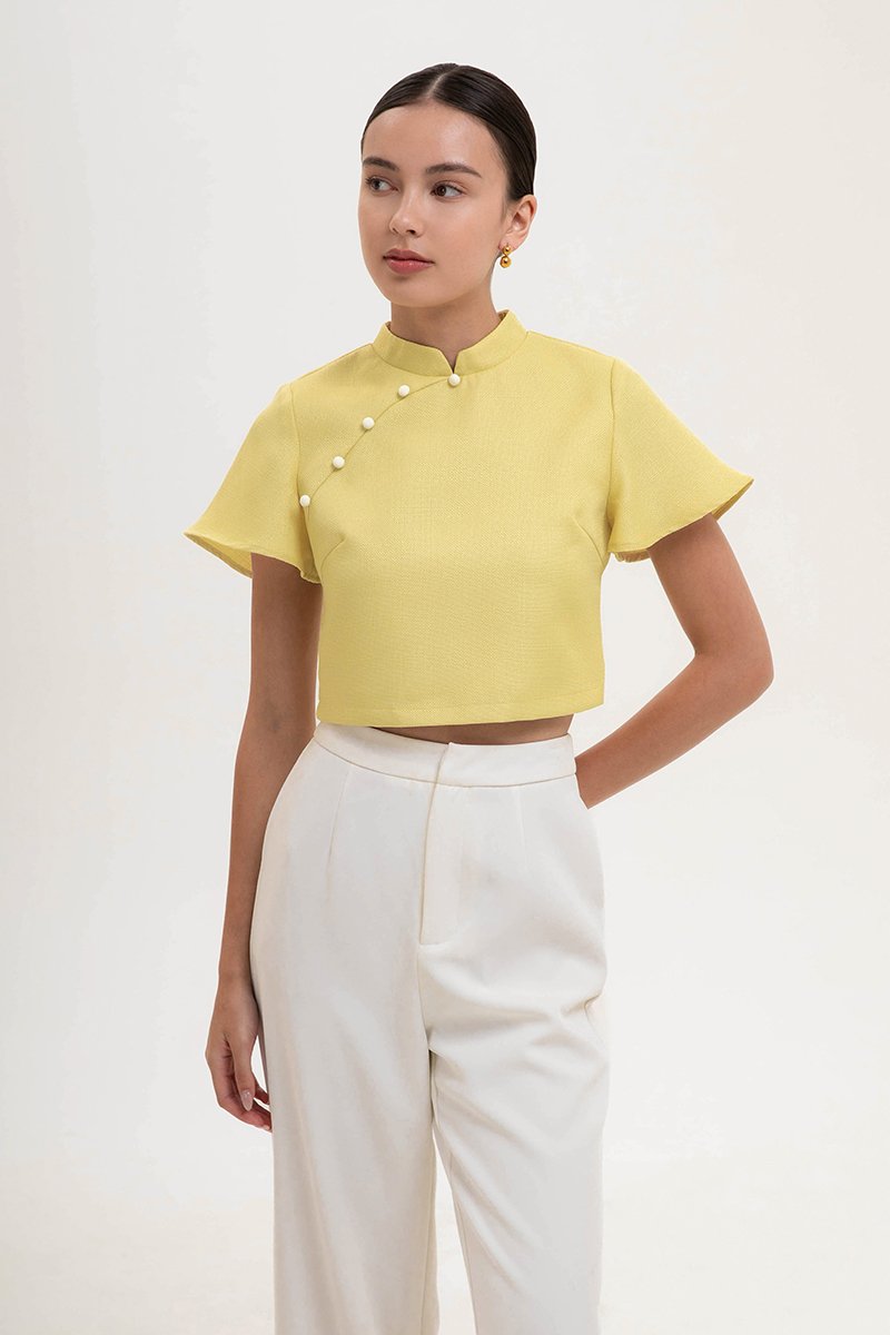 AMAYA TWEED FLUTTER SLEEVE CHEONGSAM TOP