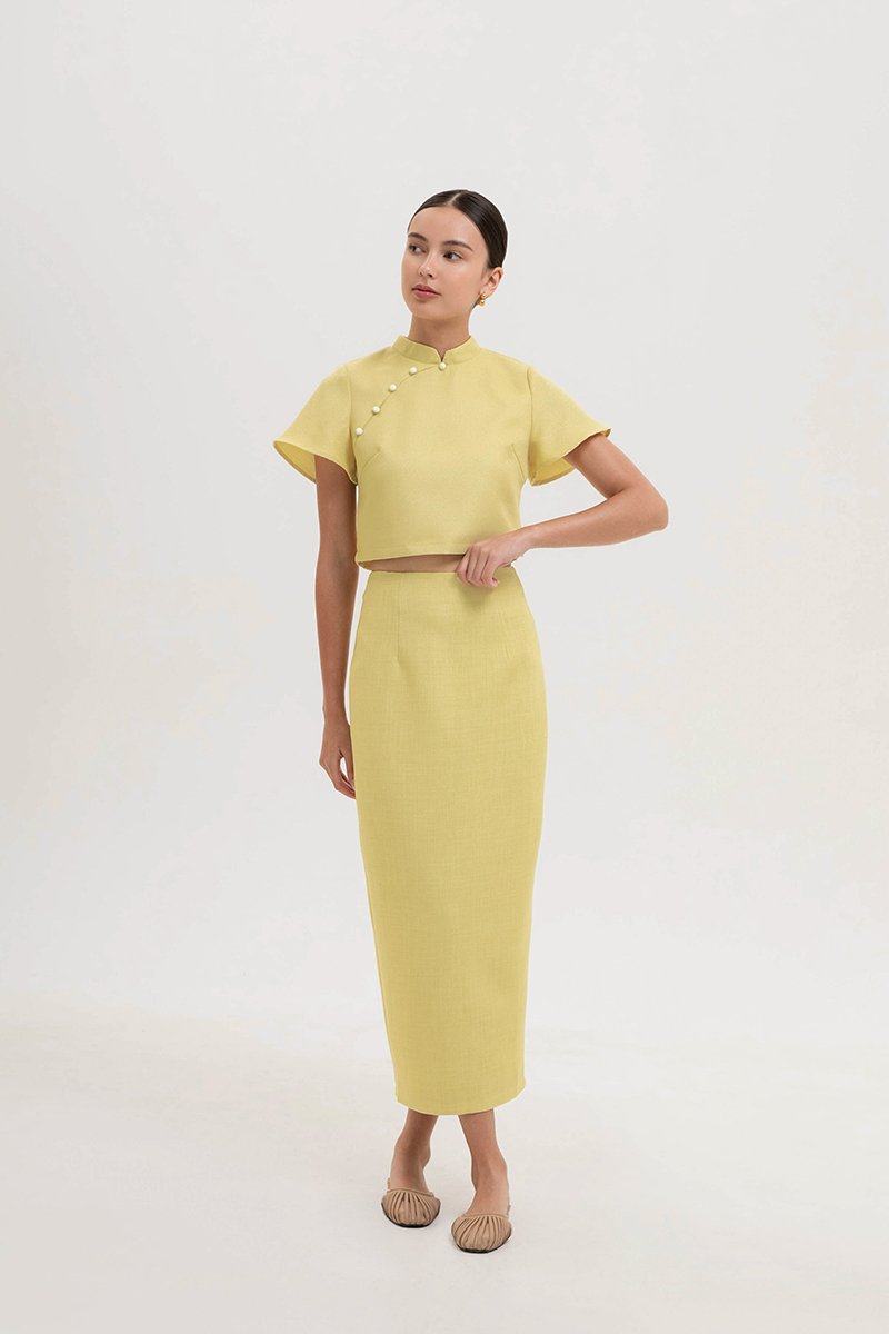 AMAYA TWEED FLUTTER SLEEVE CHEONGSAM TOP