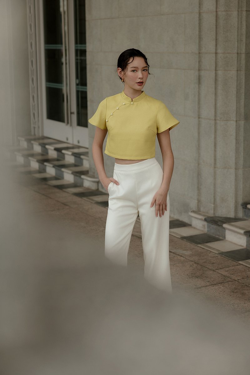 AMAYA TWEED FLUTTER SLEEVE CHEONGSAM TOP