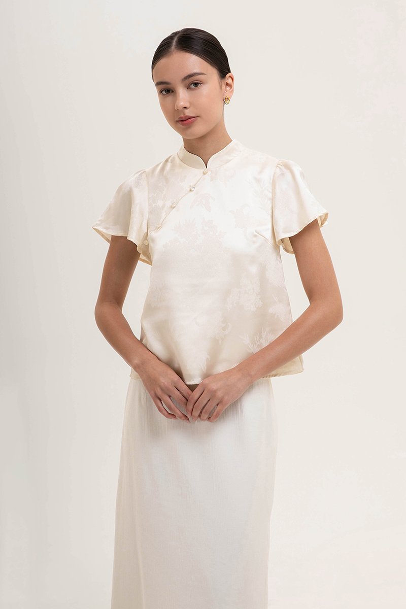 MYOKO FLORAL SATIN FLUTTER SLEEVE CHEONGSAM TOP